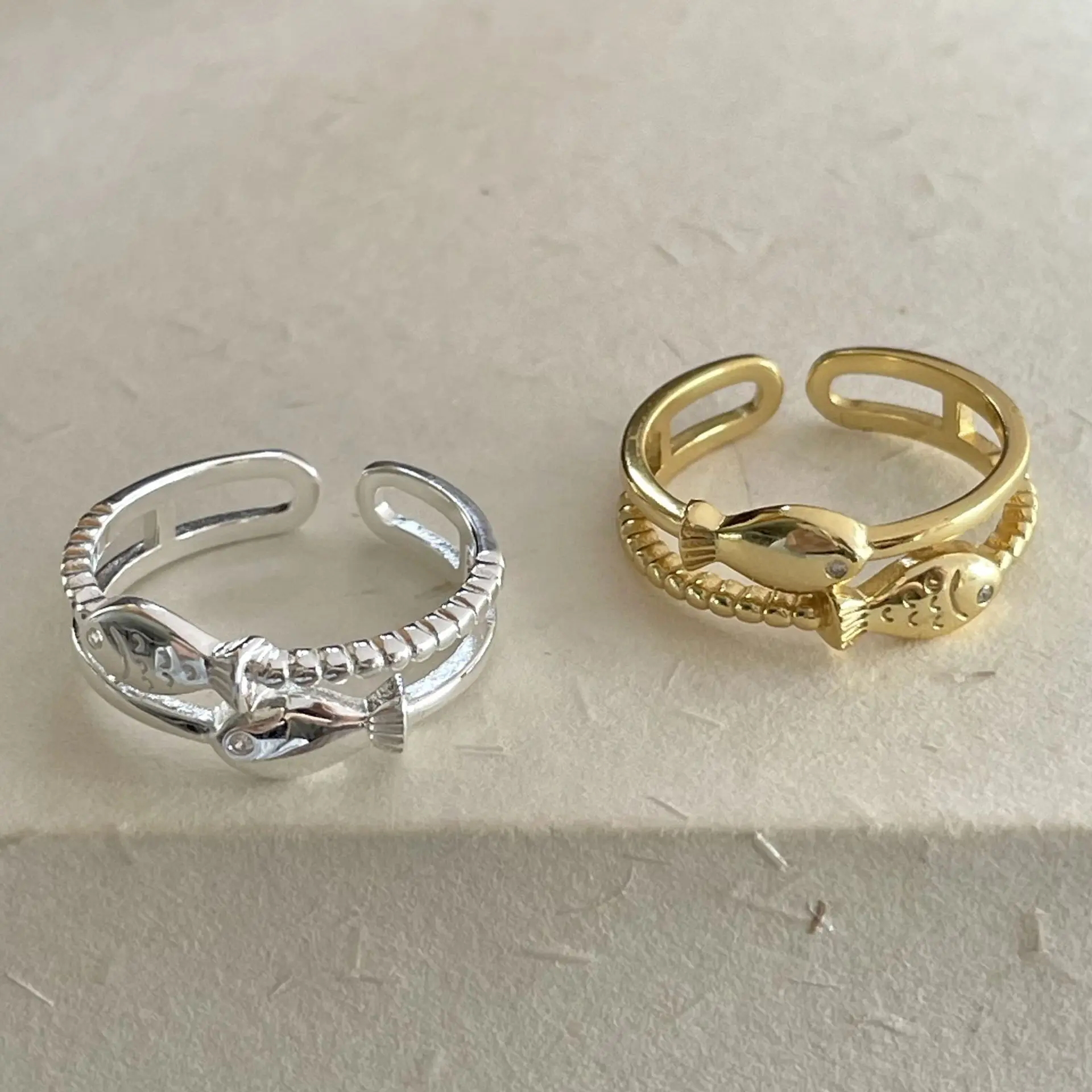 PANJBJ 925 Sterling Silver Fish Ring for Women Double Layer Weave  Texture Hollow Out  Design Originality Jewelry Dropshipping