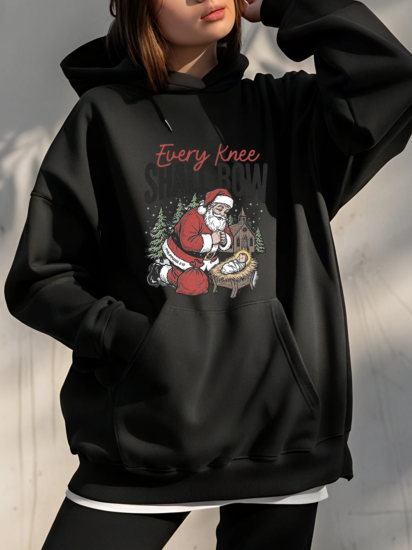 

Рождественская толстовка с принтом и длинным рукавом в повседневном стиле, Санта-Клаус и детский дизайн сцены Иисуса для женщин, уличная зимняя одежда