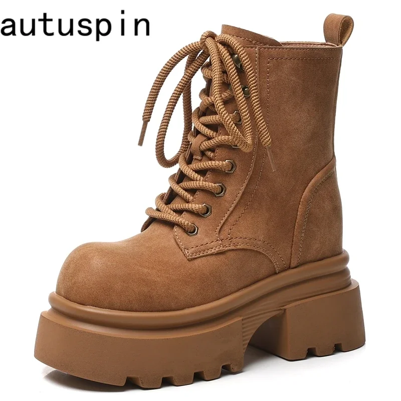 

AUTUSPIN 9.5cm Microfiber Leather Women Boots Winter Basic Fashion Platform Wedges British Style Motorcycle Shoes Female Popular