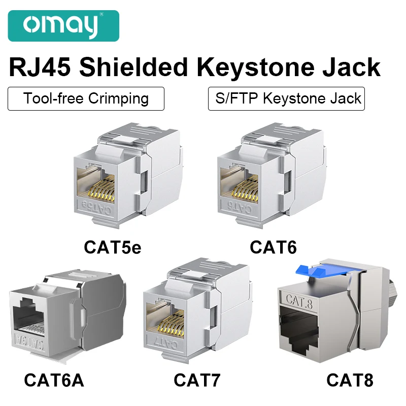 OMAY RJ45 CAT8 Cat7 CAT6A beznarzędziowy ekranowany moduł gniazda Keystone STP, samoblokujący adapter łącznika sieciowego CAT6 CAT5E ze stopu cynku