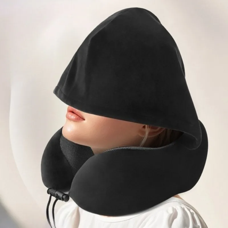 

Memory Foam Hooded U-Shaped Travel Pillow with Detachable Cover Portable Neck Support for Airplane Office Nap Car and Home Use