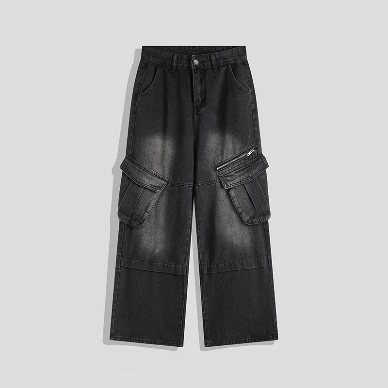 Spring Autumn New Fashion Men's Vintage Multi Pocket Washed Loose Wide Leg Straight Black Casual Trendy Jean Trousers Male Pants