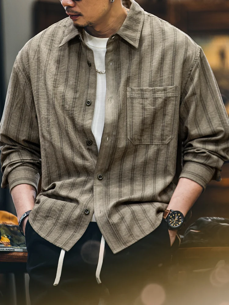 Loose Casual Long Sleeve Stripe Copper Ammonia Fleece Men's Shirt Spring Autumn Vintage American Style Outerwear Coat