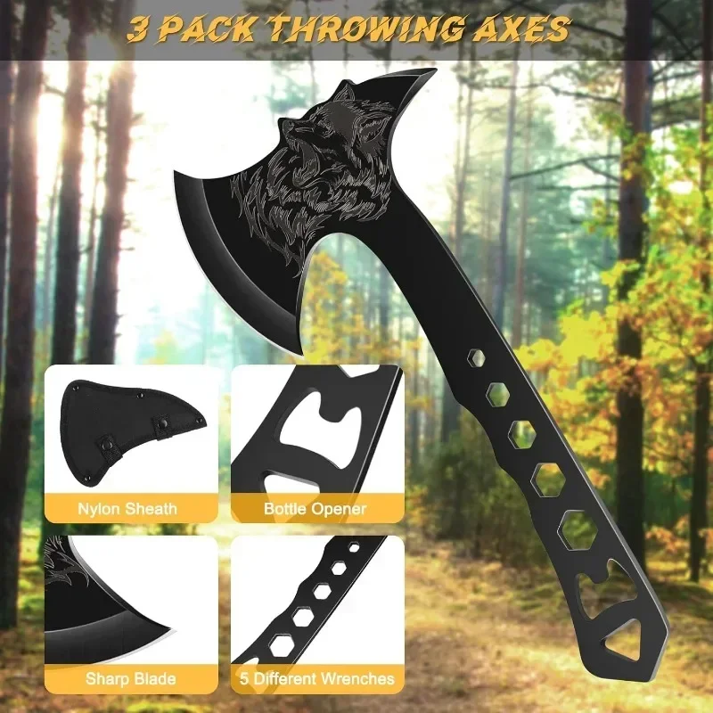 3-piece dart, throwing axe and tomahawk set with bottle opener and nylon sheath for competition and recreation