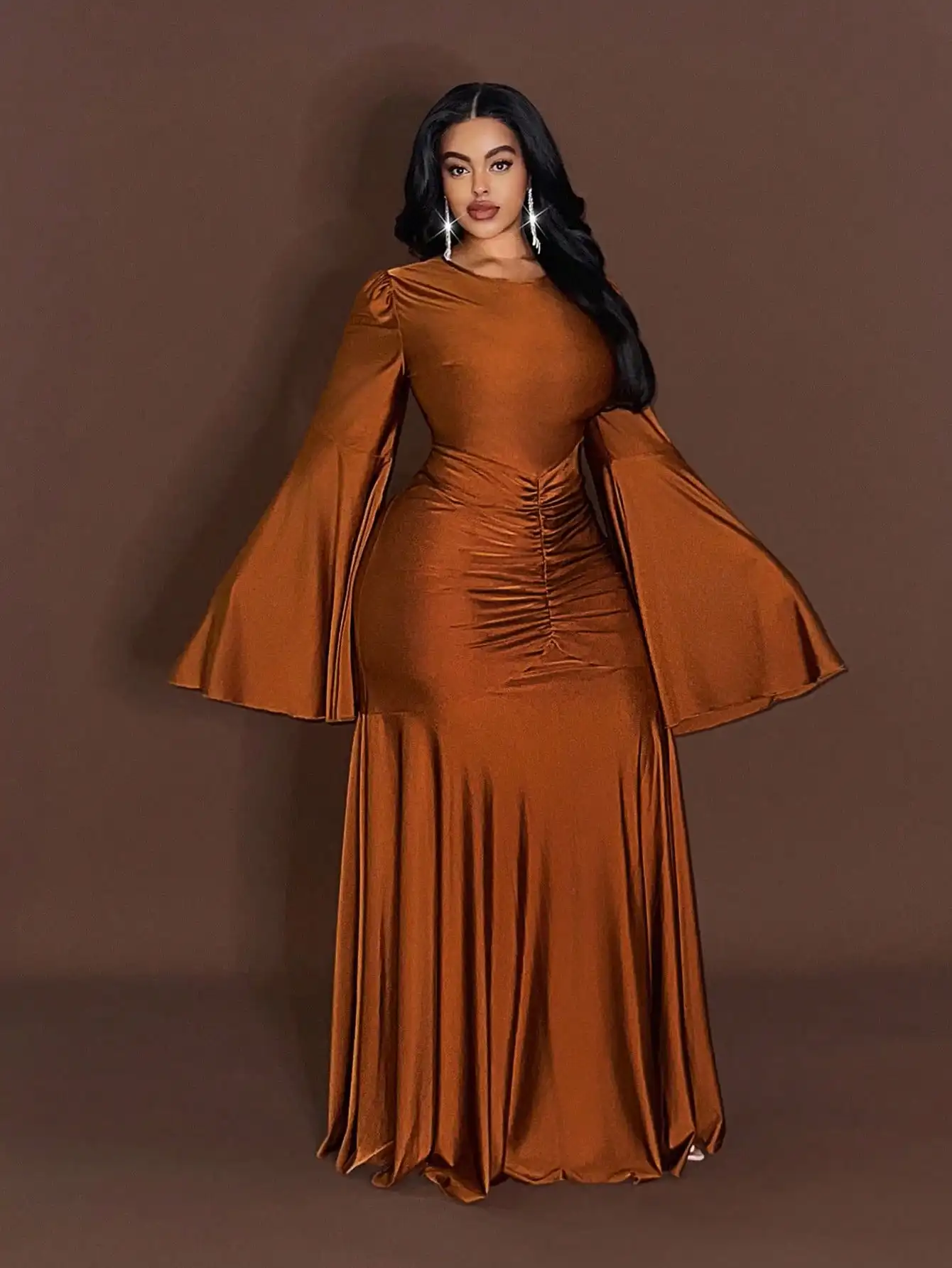 

Elegant High-Stretch Pleated Maxi Dress With Flare Sleeve Orange Party Formal Evening