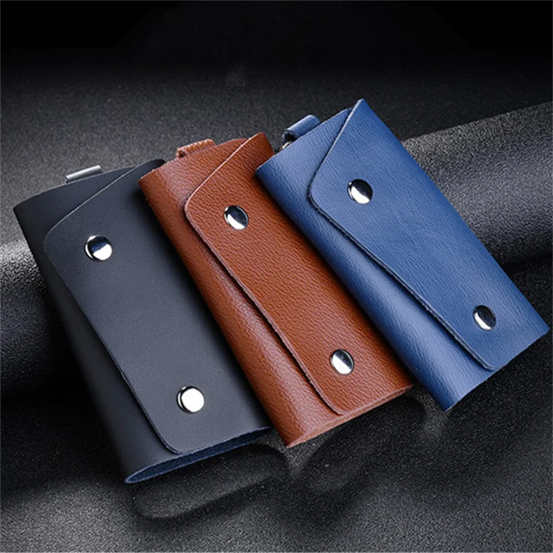 LLavero de cuero portátil Unisex, funda para bolso, funda para llavero de coche, Mini bolsas para tarjetas, billetera Simple de Color sólido