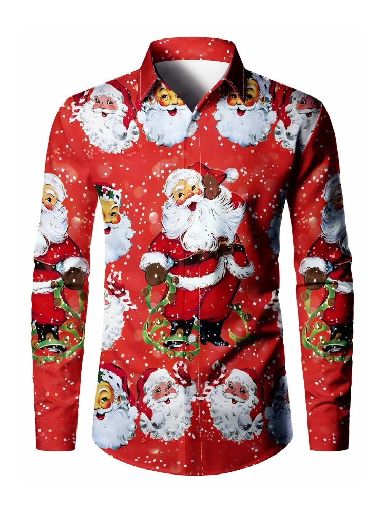 

3D Print Santa Claus Pattern Long Sleeved Shirts For Men Christmas Carnival Theme Family Party Shirt Fashion Loose Lapel Clothes