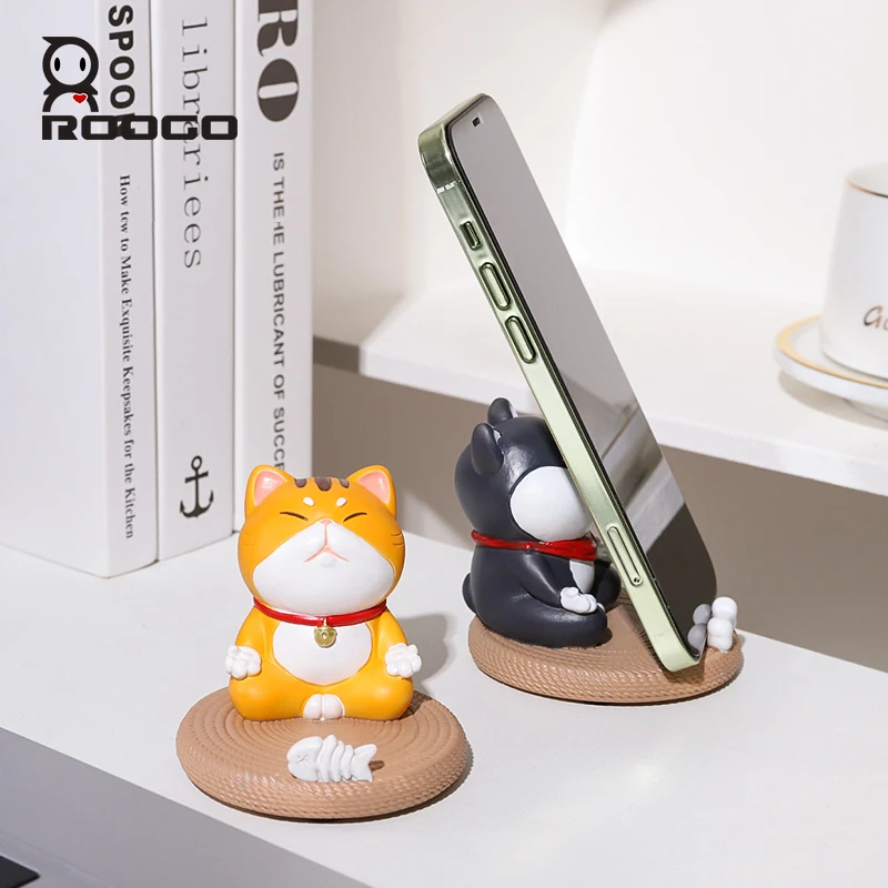 

ROOGO Phone Holder for Desk Cute Cartoon Cat and Dog Ornament Small Resin Incense Sticks Holders Animal Statues for Home Decor