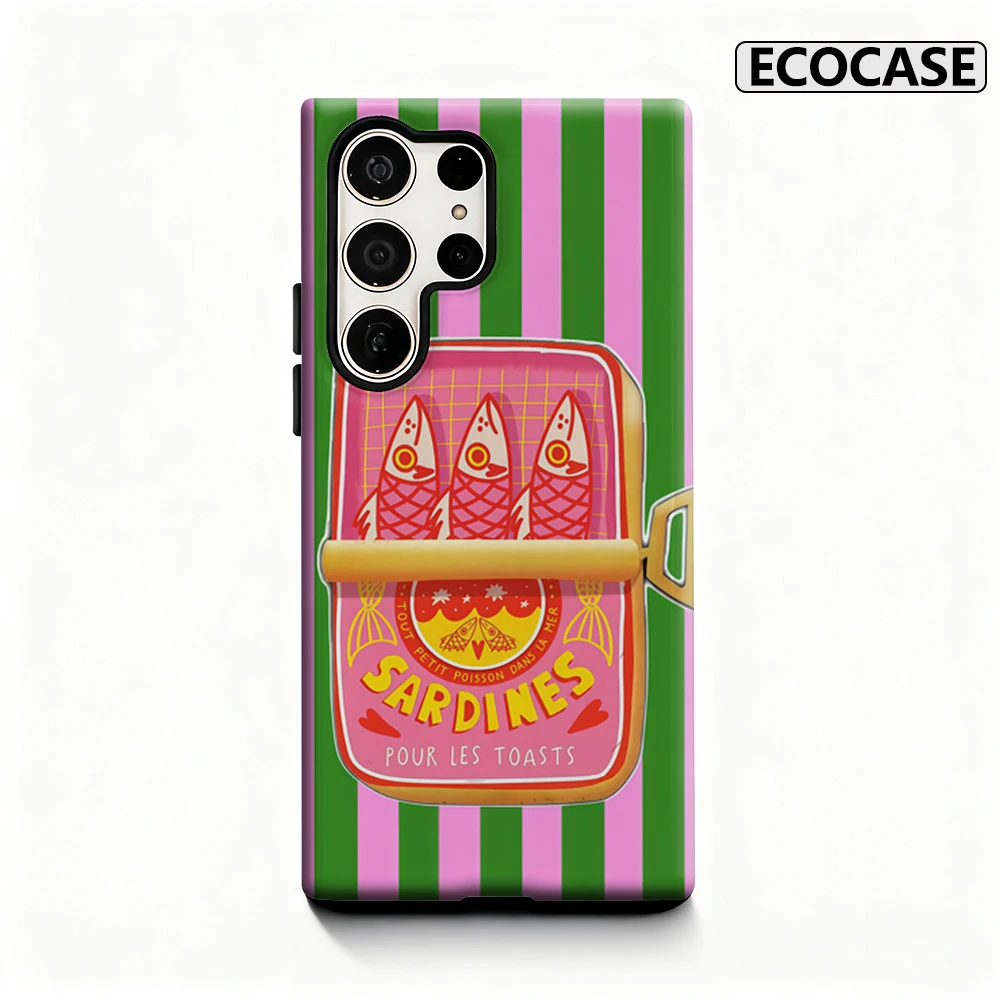 Sardinen Grün Rosa Streifen Handyhülle für Samsung Galaxy S25 Ultra S24 S23 Ultra Plus Glänzende doppellagige Rückseite