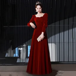 Burgundy Velvet Evening Dress New Women Elegant Square Collar Long Sleeve Beaded Sexy Backless A-line Birthday Party Dresses