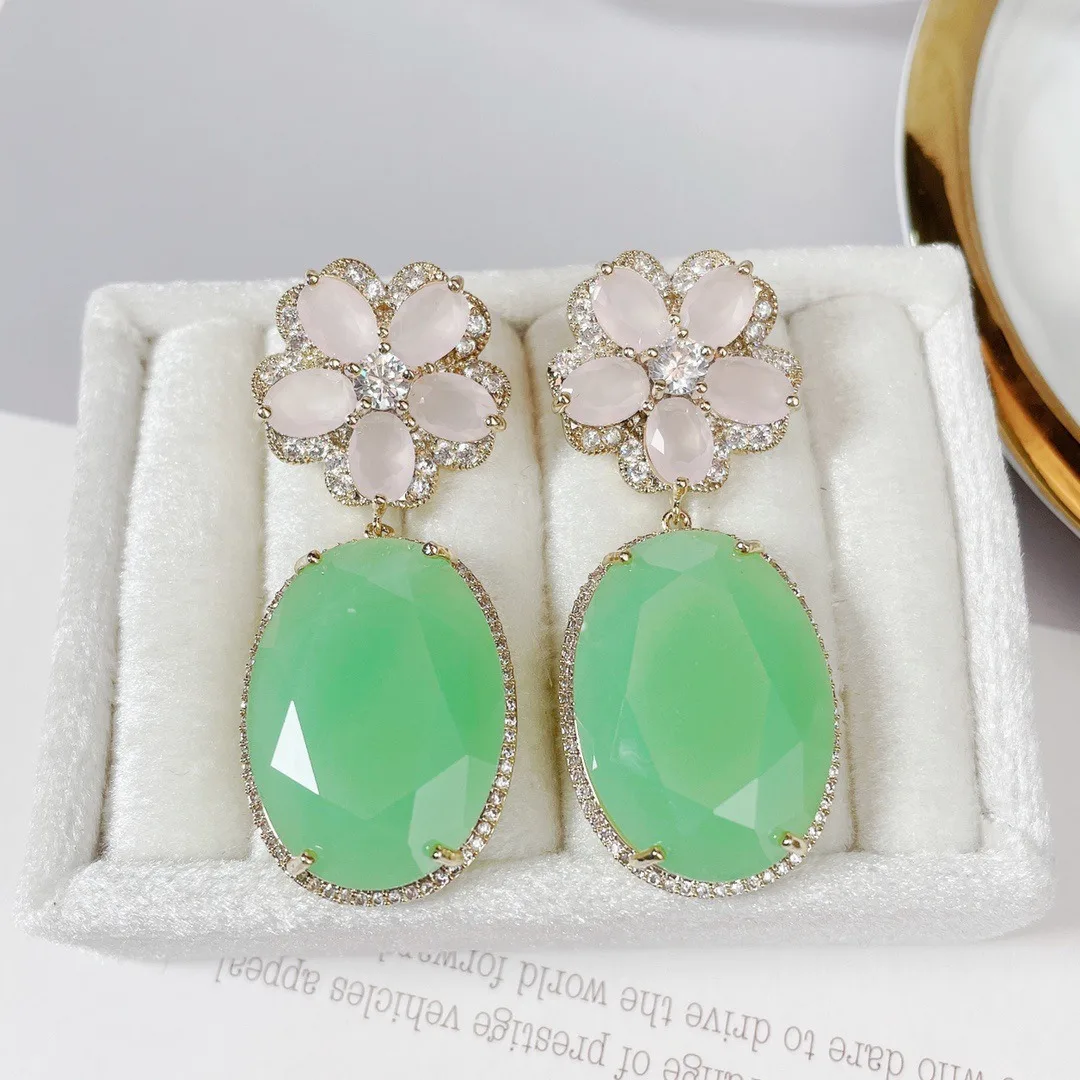 

Pink Flower and Green Zirconia Earring for Women