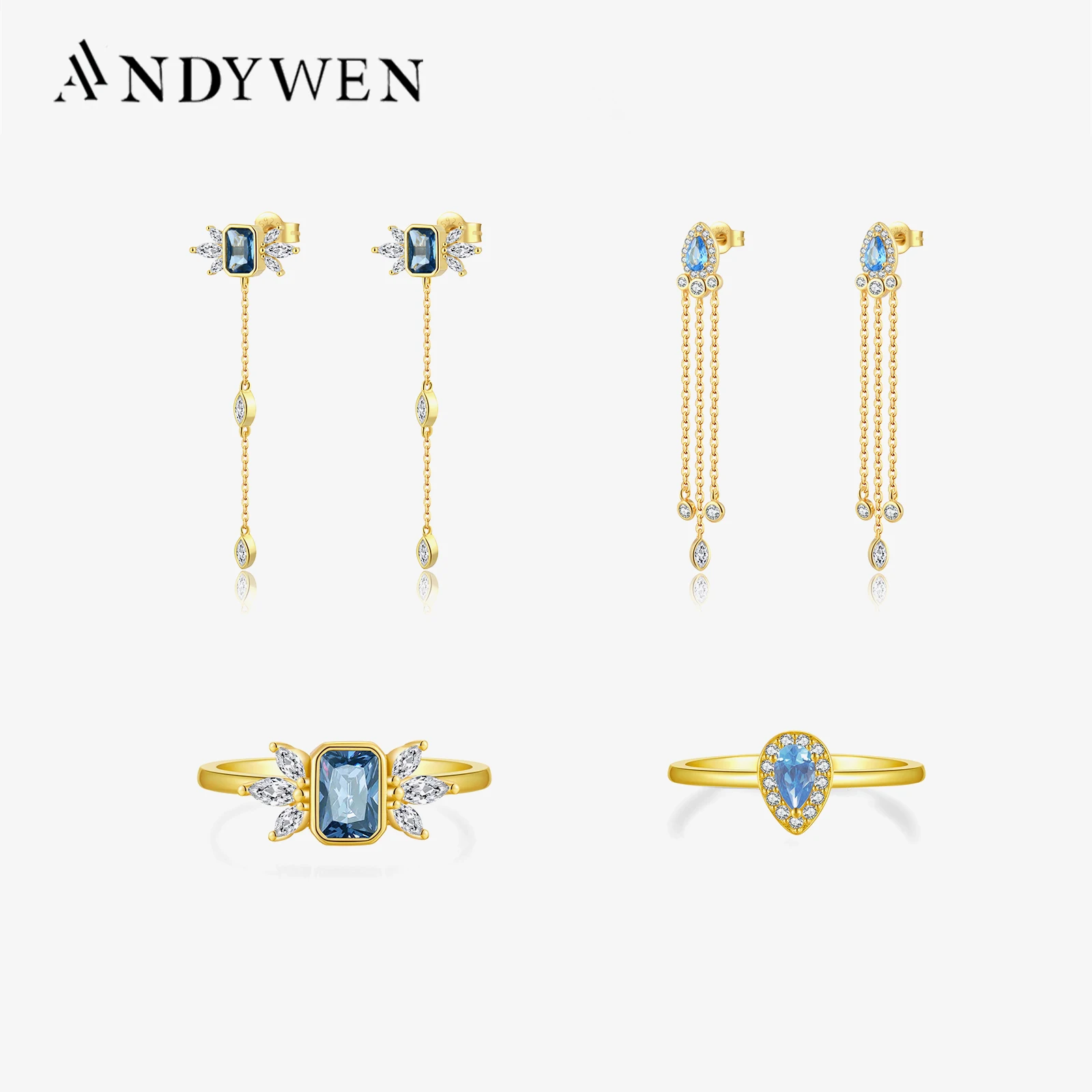 

ANDYWEN Spring 925 Sterling Silver Gold Blue Zircon CZ Love Wing Pendant Long Chain Necklace Earring Ring Fine Jewelry Set