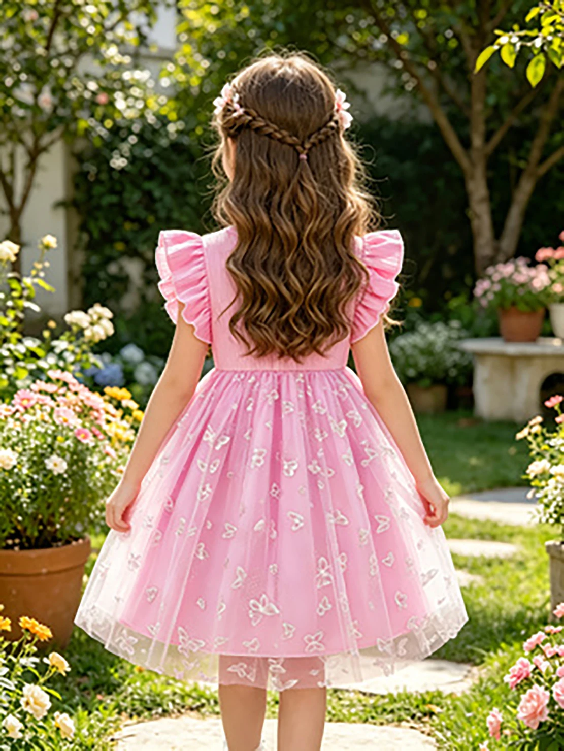 Girls' Pink Butterfly Embroidery Princess Dress, Summer Flutter Sleeve Button Tulle Dress