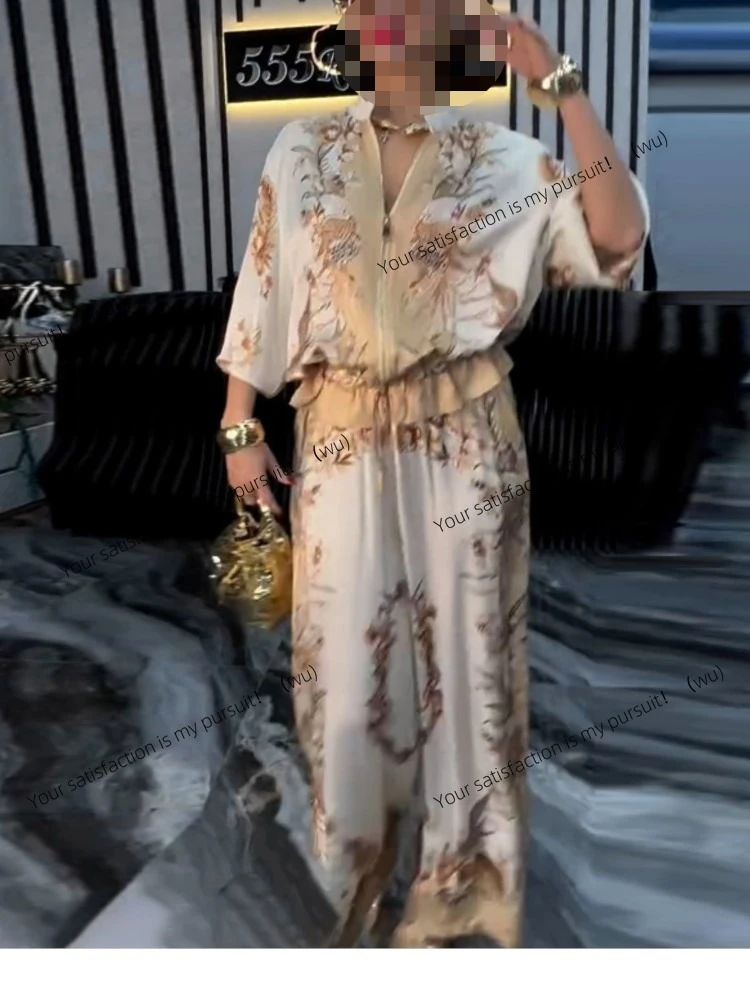 

ZOCI-New Summer Printed Drawstring Pants Two-piece Set, Elegant Casual Zipper Top, Vacation and Office Ladies Two-piece Set