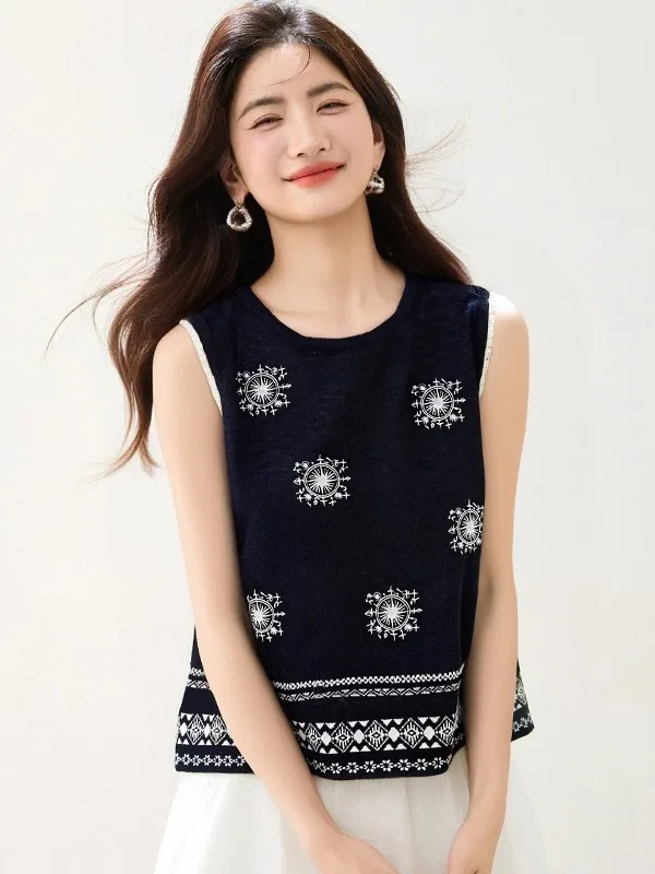 Zwaar borduurwerk rond Ne Svel gebreid vest dames zomer nieuw vintage design Sense Top kleine irt Koreaanse Sle