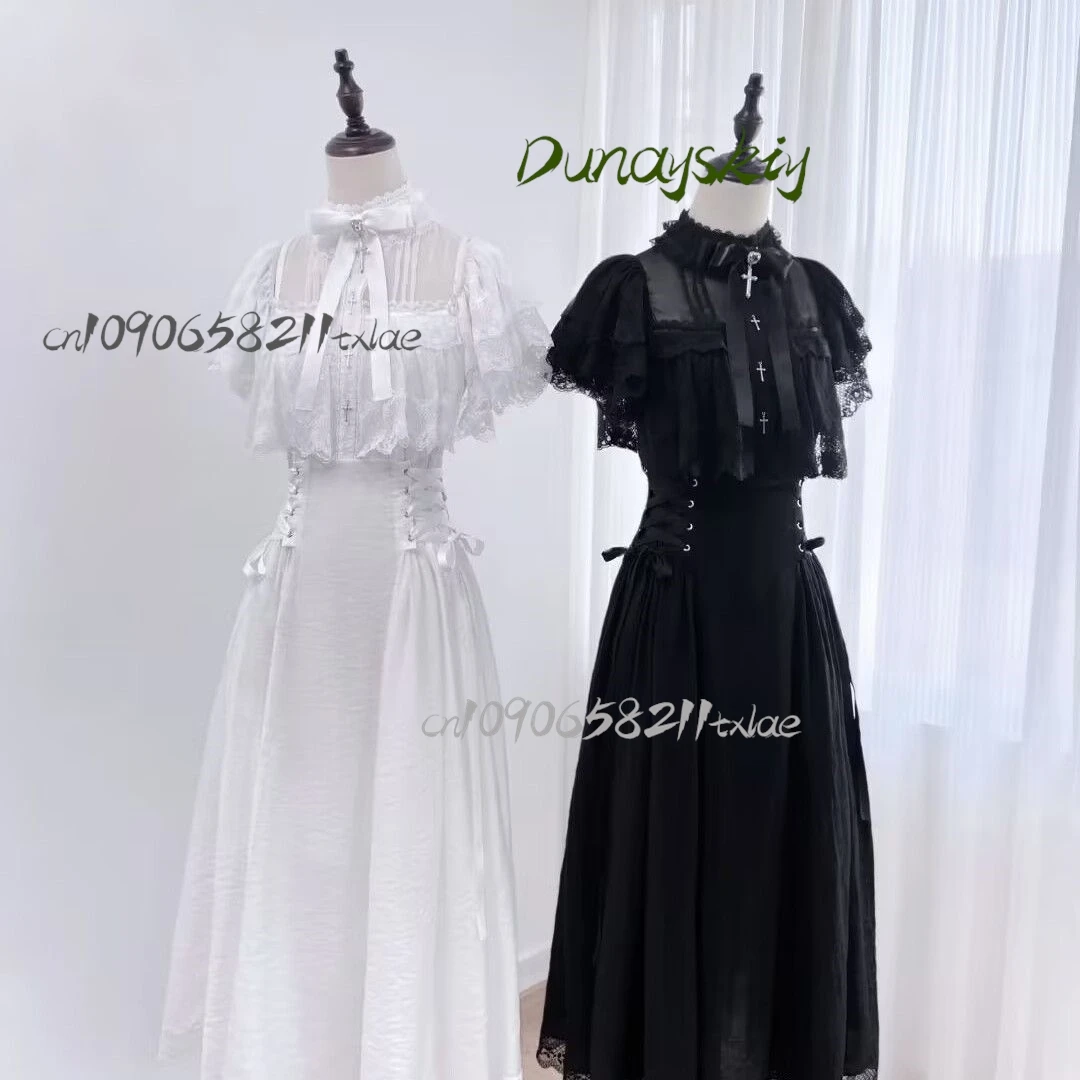 Jirai Kei النمط الياباني لوليتا فستان الدانتيل المرقعة قبالة الكتف تصميم ربطة القوس فيونكة فستان مربوط الخصر تنورة طويلة هالوين تأثيري