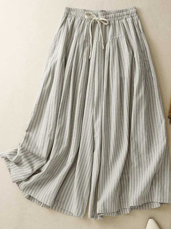 

Брюки с высокой талией и широкими штанинами из хлопка и льна в полоску, укороченные, стройнящие, удобные, в корейском стиле, прямого кроя