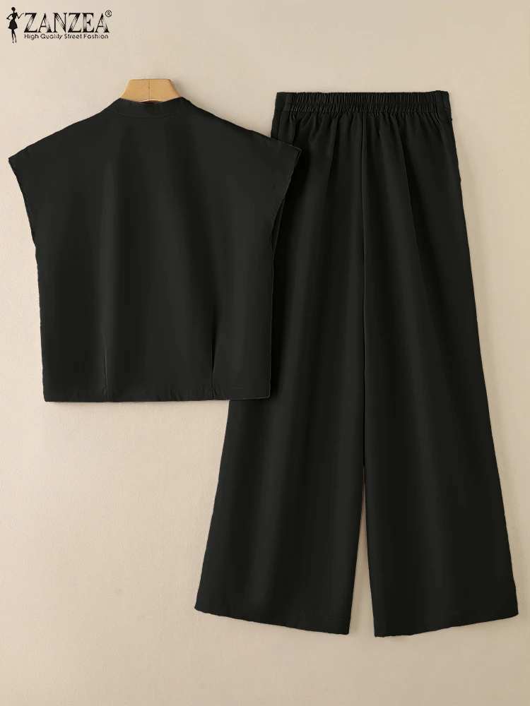 ZANZEA Fashion Women Pant Sets Fabric Flower V-Neck Cap Sleeve Tops & Wide Leg Pants 2pcs Suits Casual Commuting 2 Pieces Sets