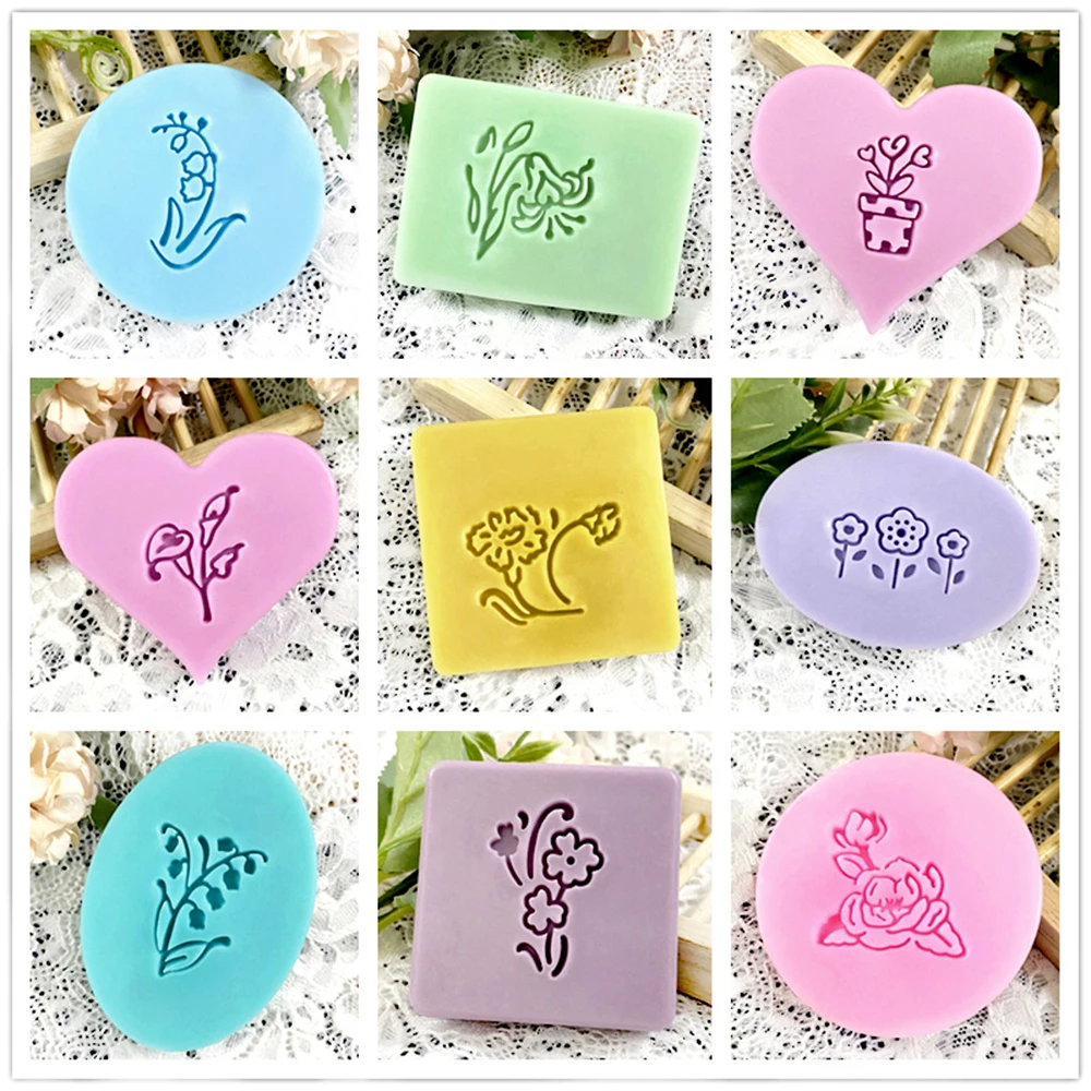 Sello de jabón con patrón de gloria matutina, flor de loto y tulipán, serie de flores, transparente con mango, capítulo para hacer jabón