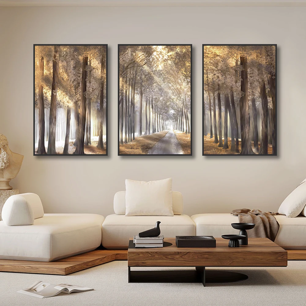 1/3 Stück goldenes Licht durch Bäume, Wald, Leinwandgemälde, bezaubernde Bilder, Wandkunst, Poster und Druck für Wohnzimmer