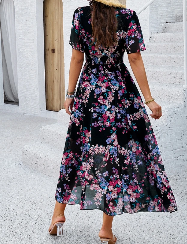 Sexy Elegant Dresses for Women New Fashion 2024 Summer Casual Temperament V-Neck Printed Waist Cinched Short Sleeved Dress