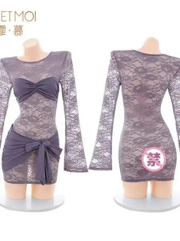 สีม่วงหวานชุดมินิแขนยาว O คอตาข่ายลูกไม้ SHEER เซ็กซี่ PURE Desire แขนยาวชุดลูกไม้เซ็กซี่ชุด IDB8