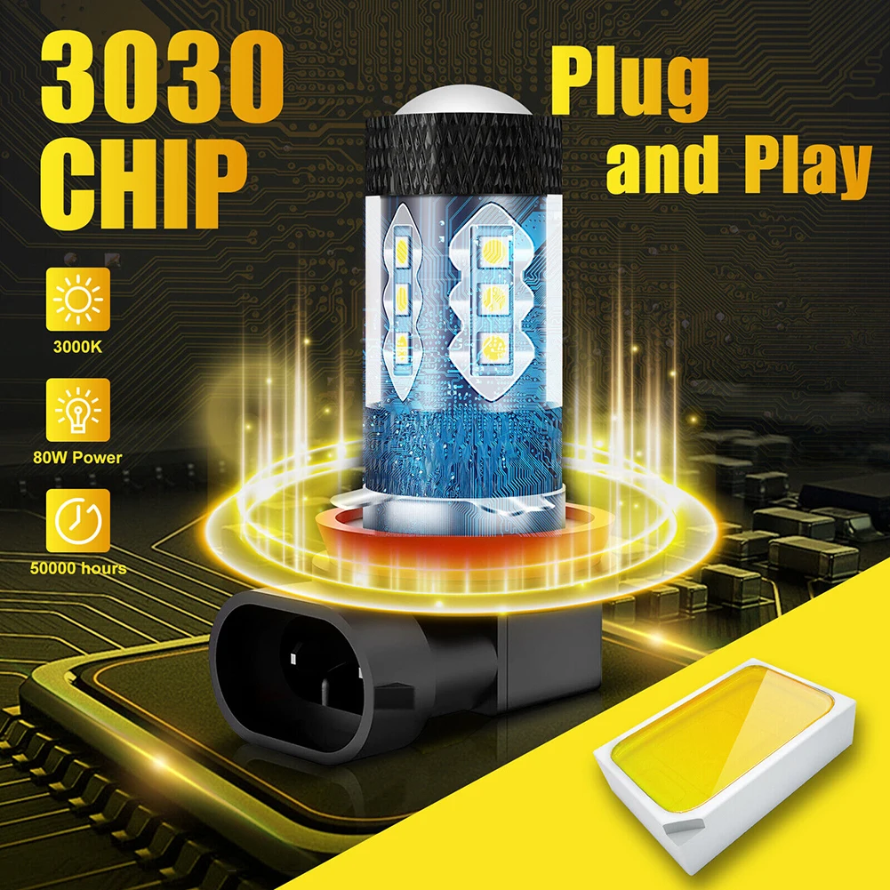 2pcs LED Fog Light Car Headlight Bulbs Golden Yellow IP65 DRL Daytime Running Light 100W A380 Aluminum Heatsink