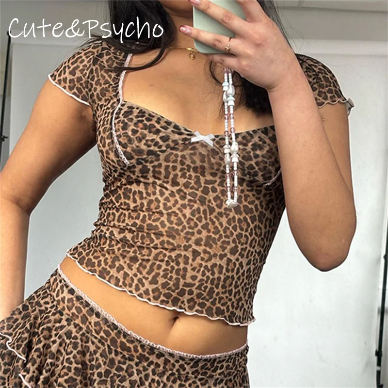 Cuteandpsycho Transparent Vintage Mesh Tshirts Short Sleeves Y2K Aesthetic 90s Slim Cropped Clothes Fashion Slim Leopard Tees