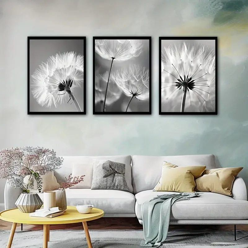 3pcs Hanging Painting Modern Black and White Dandelion Room Decoration Painting Retro Home Decoration Nostalgic Art Mural Withou