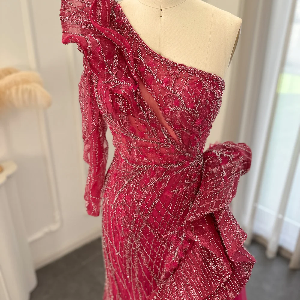Sharon Said Luxury Dubai Fuchsia One Shoulder Evening Dresses Saudi Arab Side Slit Mermaid Formal Dress for Women Wedding SS360