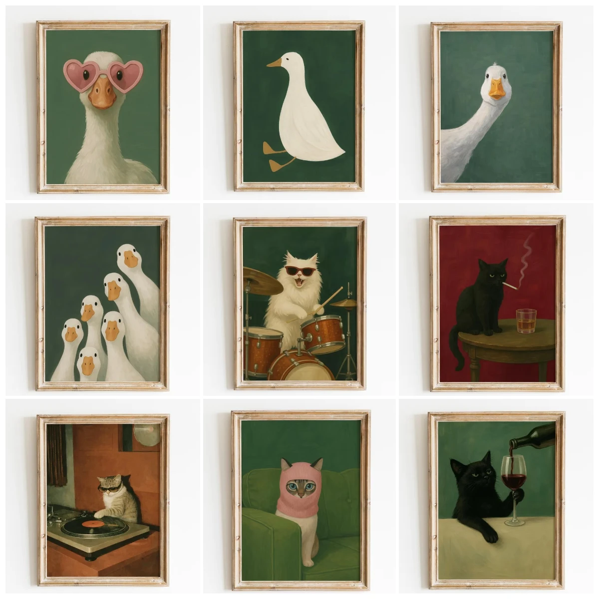 Cuadros Colgantes Retro y Originales de Gatos, Perros y Patos, Animales Divertidos de Estilo Americano, Pósters Decorativos sin Marco para Baño y Dormitorio