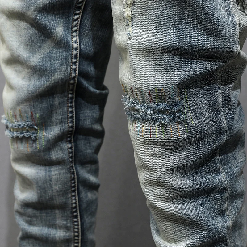 Fashion Designer Men Jeans Retro Washed Blue Stretch Slim Fit Ripped Jeans Men Embroidery Patched Vintage Denim Pants Hombre