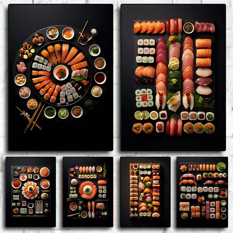 Vintage Japan Salmon Sushi Culinary Art Poster Print Canvas Painting Japanese Food Aesthetic Wall Art For Kitchen Room Decor