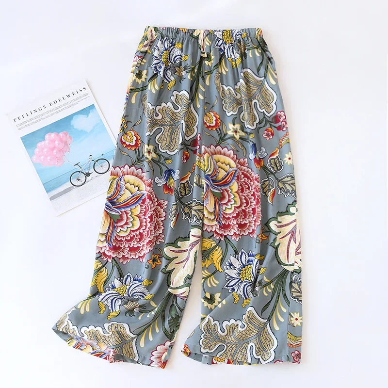 Verão novas calças de pijama de viscose 100% das mulheres calças cortadas finas soltas calças de perna larga calças para casa pijama plus size shorts bonitos