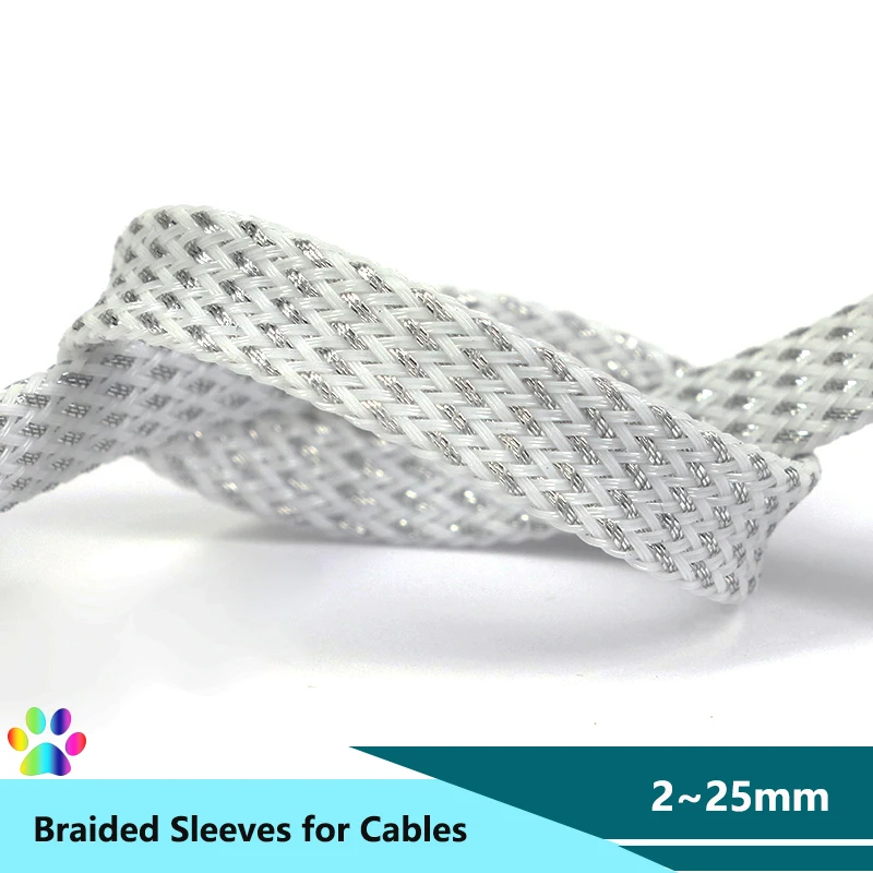 White Silver PET Braid Sleeve 2/4/6/8/10/12/16/20/25mm High Density Snake Skin Cover Case Cable Wrap Sleeving Sheath