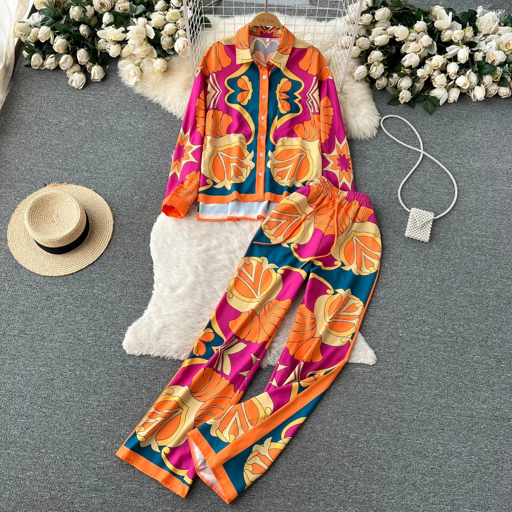 2024 Fashion Print Elegant Sleepwear Women\'s Set Elastic Waist Straight 2 Piece Pajamas Set Casual Chic Youth Vacation Home Suit