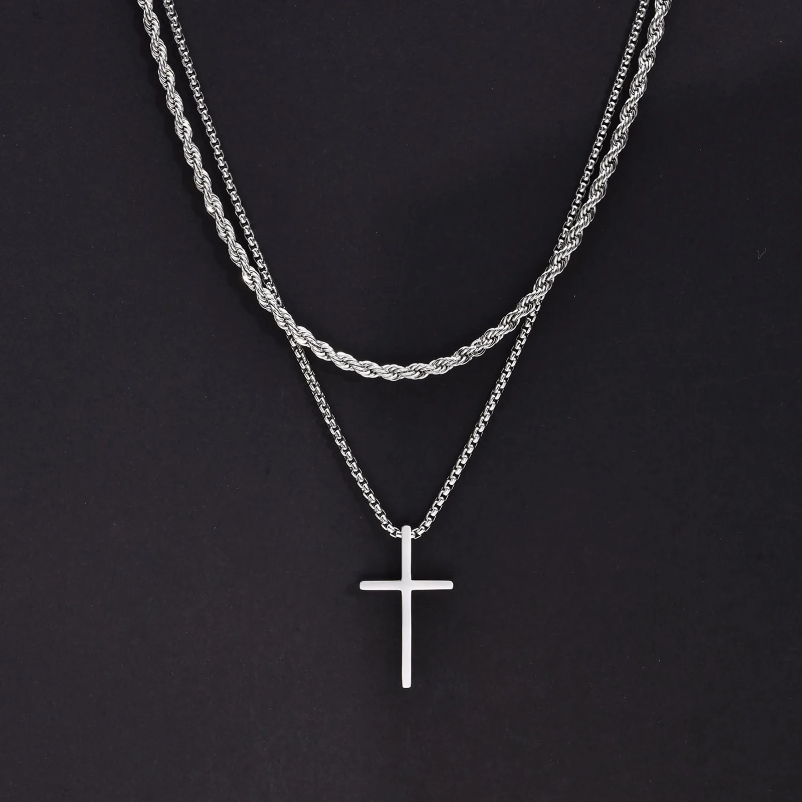 Vnox Mens Cross Necklaces, Stainless Steel Layered Plain Cross Pendant, Rope Box Chain Necklace, Simple Prayer Jesus Collar