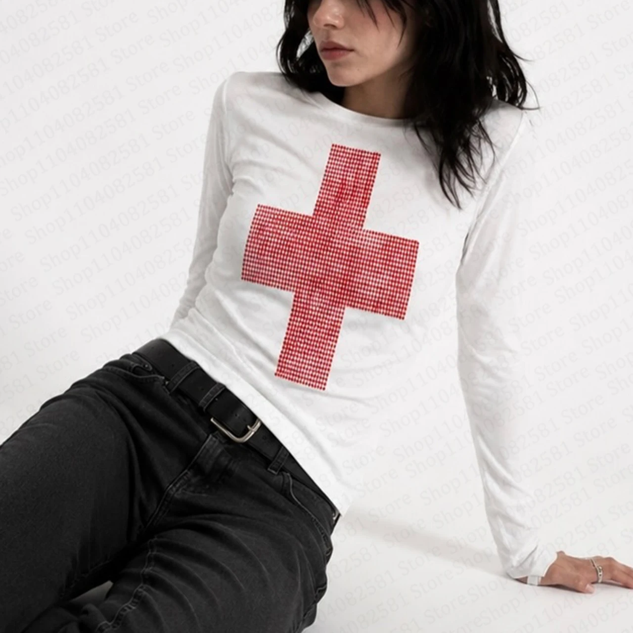 Subcultural cross print design Y2K long sleeved shirt Harajuku punk short T-shirt rock goth street style long sleeved T-shirt - view 2