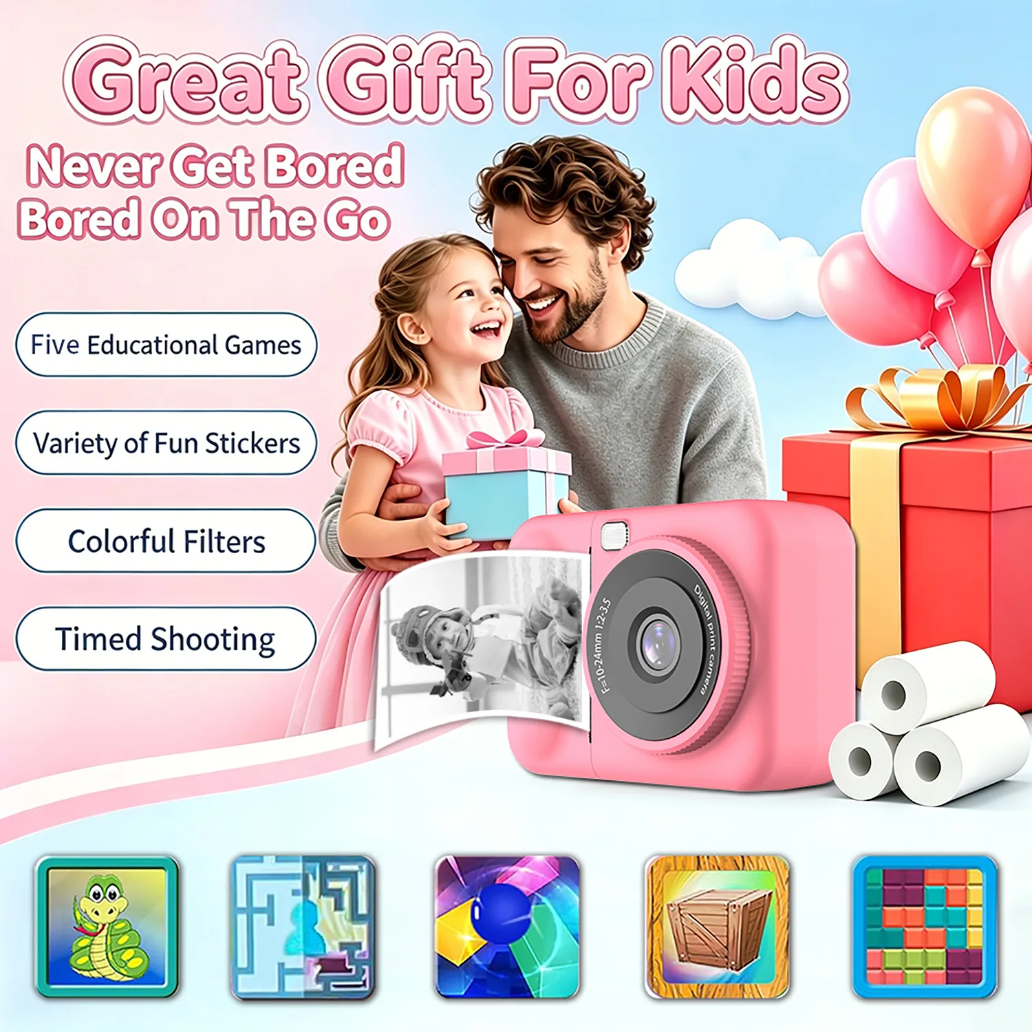 Kids Instant Print Camera with Flip Screen & HD Video Recording - New Instant Photo Camera Gift Set include 32G Memory Card