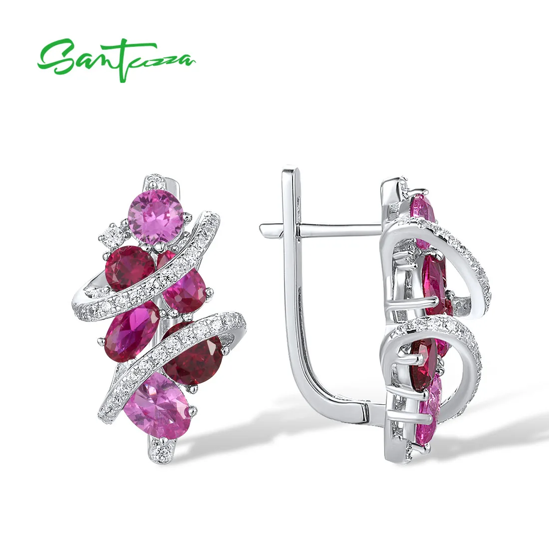 SANTUZZA 925 Sterling Silver Earrings For Women Sparkling Lab Created Pink Sapphire White CZ Wedding Trendy Fine Chic Jewelry