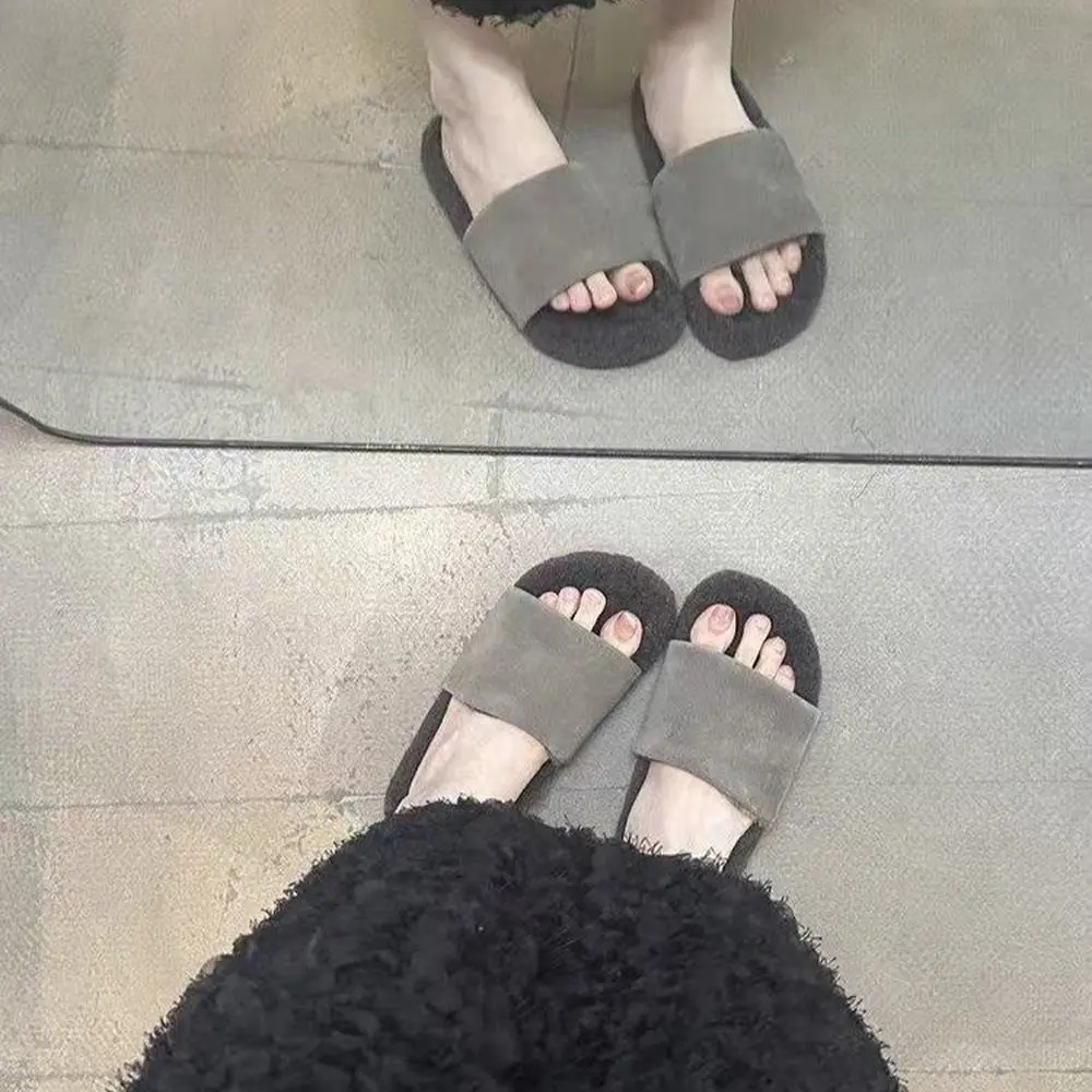 موضة دافئة نعال مسطحة دافئة للمنزل داخلي فروي أفخم أحذية المرأة دافئ الجلد المدبوغ المفتوحة تو النعال ملابس داخلية أنيقة
