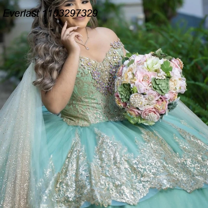 EVLAST-Vestido De quinceañera verde salvia mexicana, Vestido De baile, aplique De encaje dorado, cuentas con capa, dulce 16, 15 años, TQD900