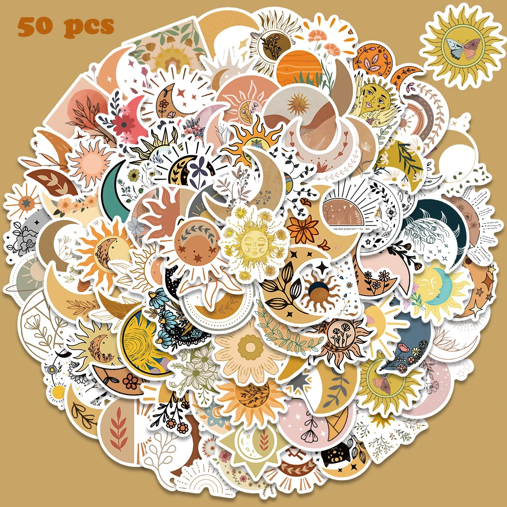 Autocollants style bohème pour enfant, stickers graffiti, soleil, lune et fleurs, pour ordinateur portable, valise, téléphone, scrapbooking, jouet, 50/100 pièces