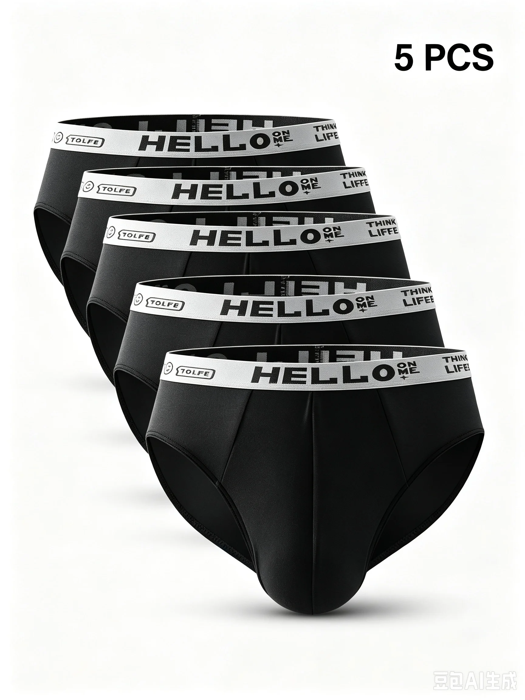 5-Piece All Black Men's Milk Silk Briefs with HELLO Letter Graphic Waistband Ultra-Soft Breathable Year-Round Daily Underwear