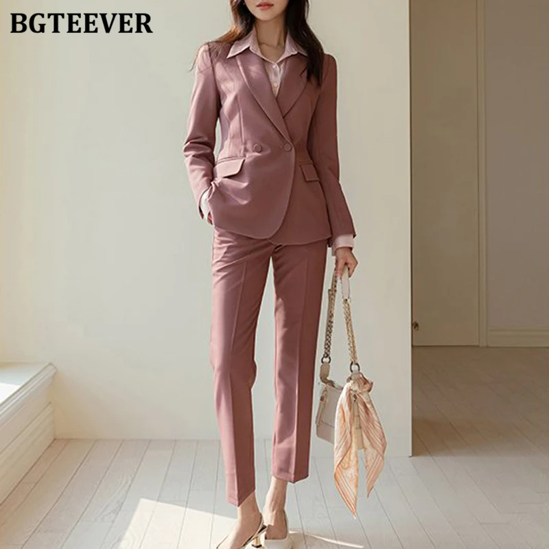 BGTEEVER Spring Women 2 Pieces Blazer Set Long Sleeve Double Breasted Suit Jackets Female Pencil Pants