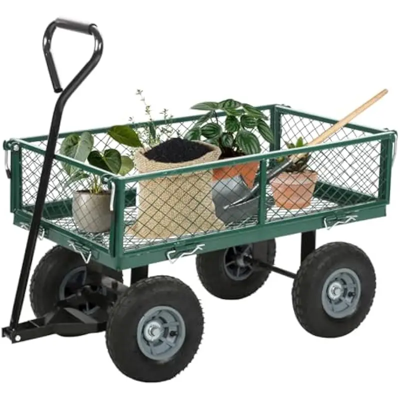 Heavy-duty polypropylene garden wagon with inflatable rubber wheels and adjustable steel handle | Dark green | 440 lb load capac