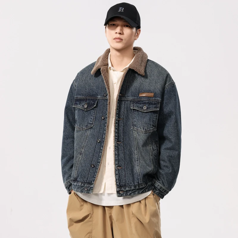 Autumn Winter Thicken Denim Jacket Men Faux Fur Liner Fashion Loose Casual Plus Size Denim Jackets Cityboy Jeans Coat Outerwear