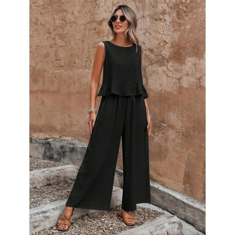 

Wide-leg Nine Points Pants Casual Set New Summer European American Women's Clothing in Stock Amazon Sleeveless Pleated Tank Top