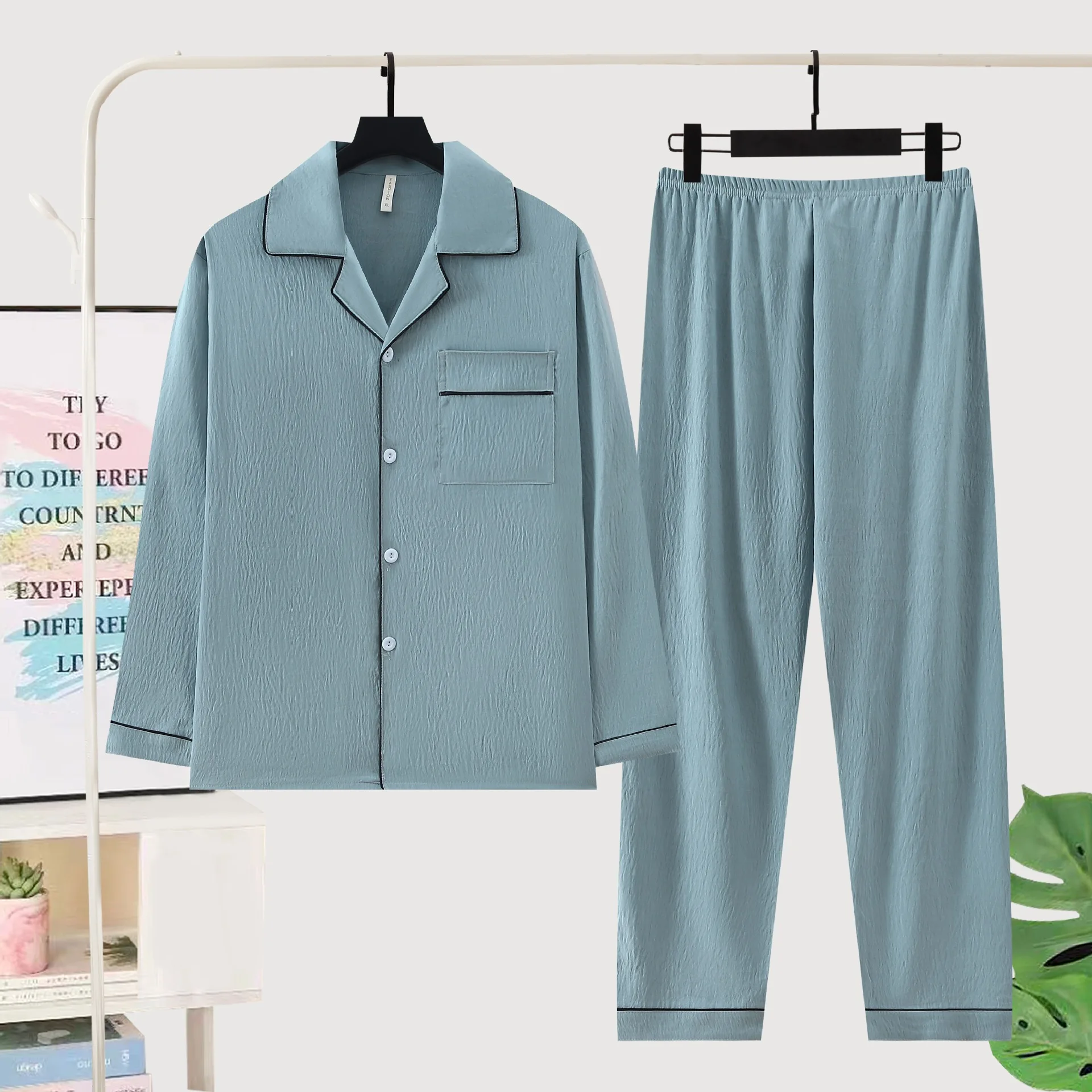Autumn and Winter Cardigan Long Sleeved Pajamas and Pants Men's Homewear Casual Comfortable Solid Color Sleepwear Black Gray