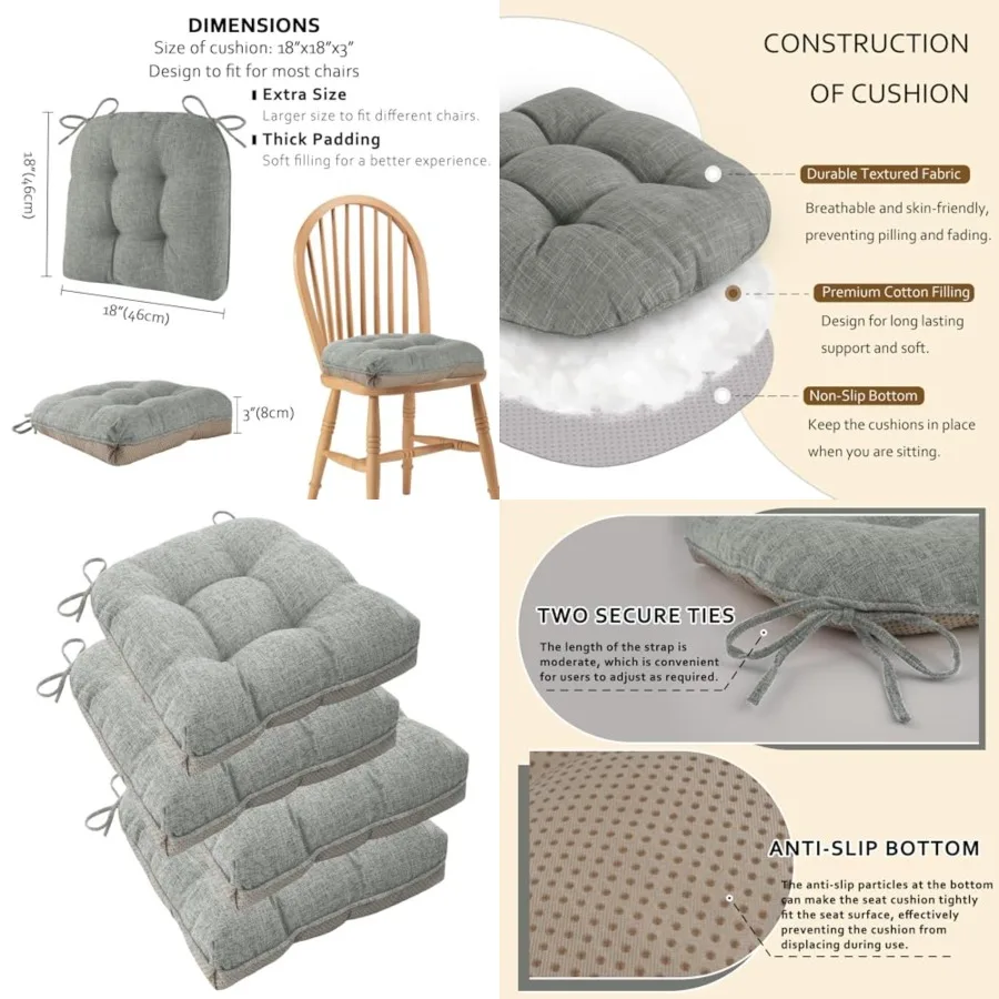 

Chair Cushions for Dining Chairs 18" x 18" x 3" Kitchen Chair Cushions Set of 4 Tufted Chair Pads with Ties and Non-Slip Backing Comfortable Seat Cushion for Indoor Dining Room,Light Grey
